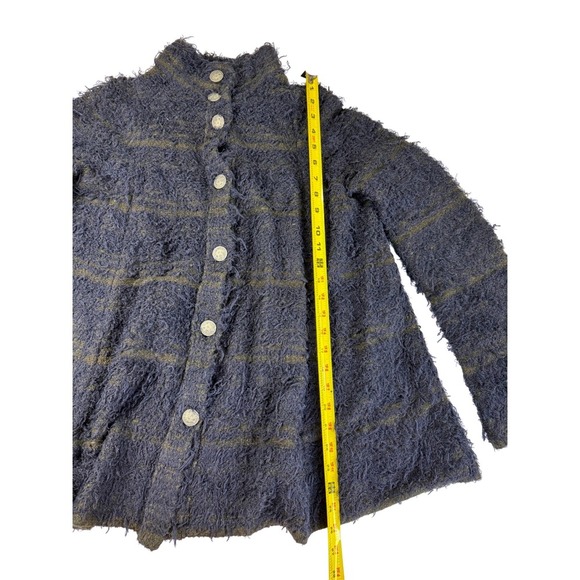 Free people Blue Fuzzy Striped Button Up Coat Jacket Unique Collarless S/P - Picture 4 of 11